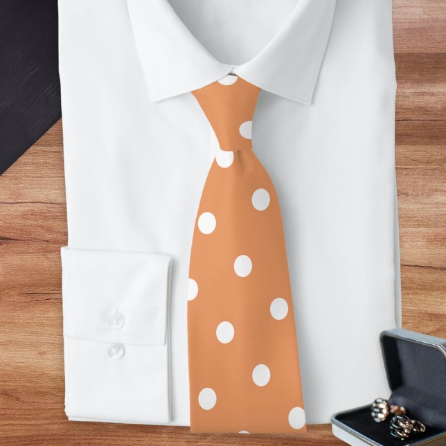 Butterscotch White Polka Dot Patterned Neck Tie (An elegant tie in a butterscotch, light burnt orange shade, with retro pattern of white polka dots)