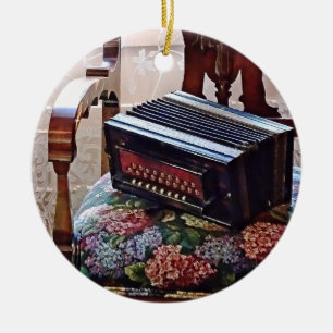 Button Accordion on Chair With Flowered Seat Ceramic Ornament