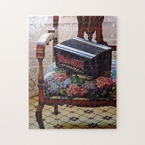 Button Accordion on Chair With Flowered Seat Jigsaw Puzzle