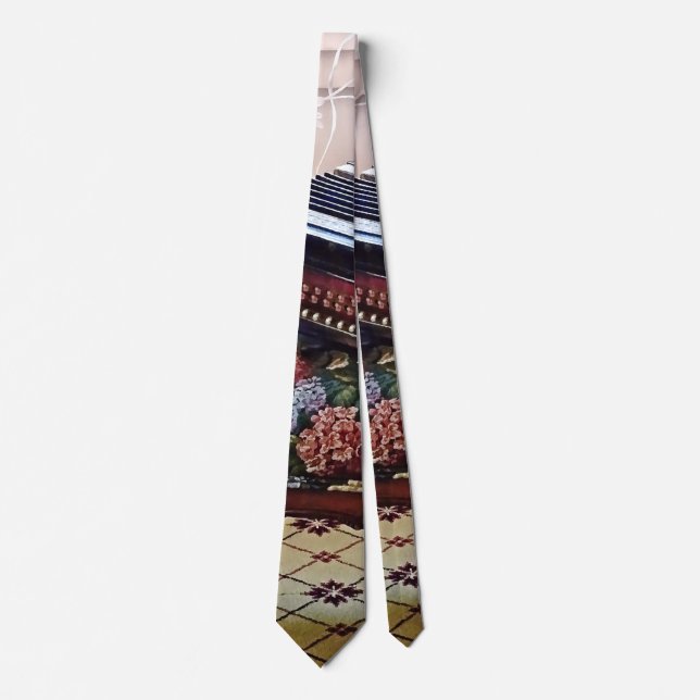 Button Accordion on Chair With Flowered Seat Neck Tie (Front)