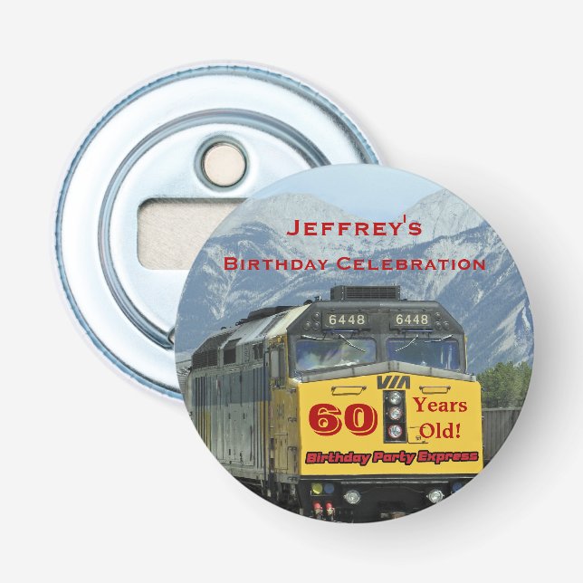 Button Bottle Opener 60th Birthday Railroad Favor (Front)