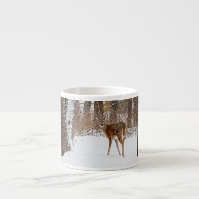 Button Buck Deer in Winter White Snowy Field Espresso Cup (Front)
