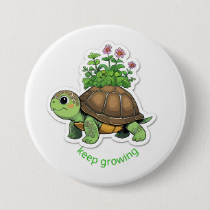 Button Cute baby turtle carrying a tiny garden on