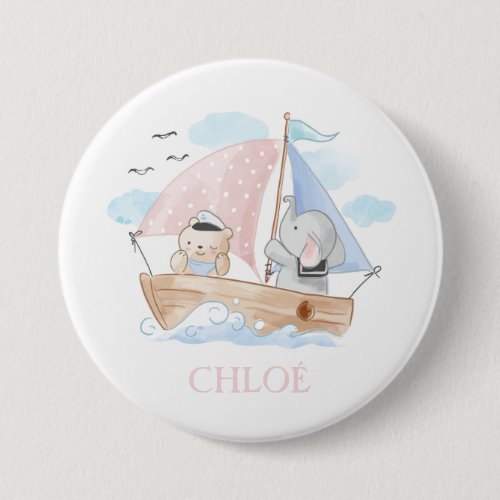 BUTTON NAME TAG  BEAR AND BABY ELEPHANT ON BOAT