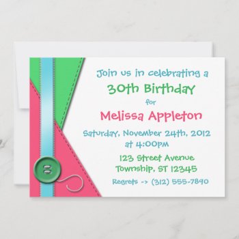 Button ~ Pink  Green & Blue Birthday Invitations by Birthday_Delight at Zazzle