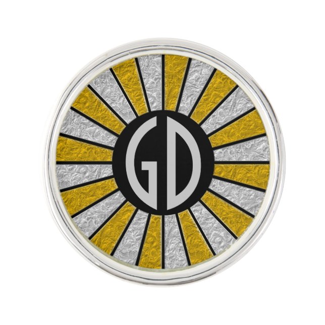 BUTTON ROUND RAYS silver gold + your monogram Lapel Pin (Front)