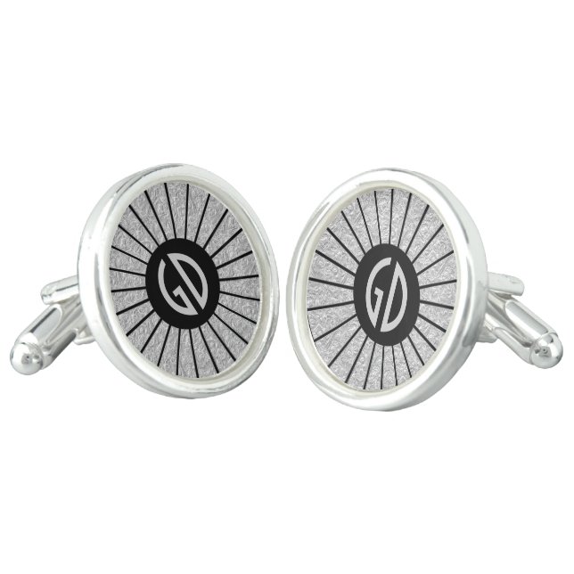 BUTTON ROUND RAYS silver + your monogram Cufflinks (Angled)