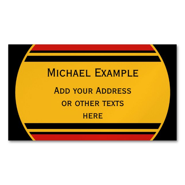 BUTTON ROUND stripes black red yellow + your text Business Card Magnet (Front)