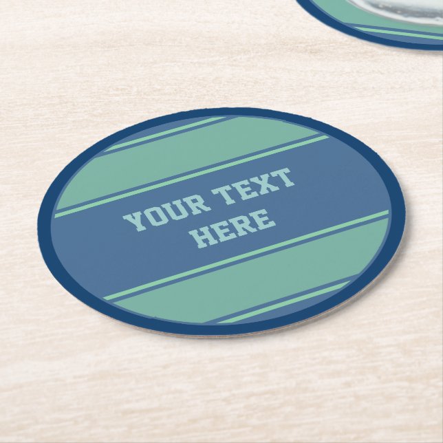 BUTTON ROUND stripes ocean blue green + your text Paper Coaster (Angled)