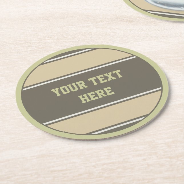 BUTTON ROUND stripes sand stone + your text Paper Coaster (Angled)