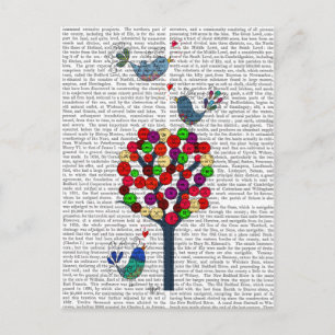 Button Tree and Birds Blue Postcard