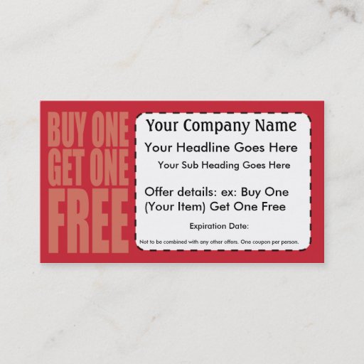 Customizable Buy 1 Get 1 Free Coupon Card Business Cards