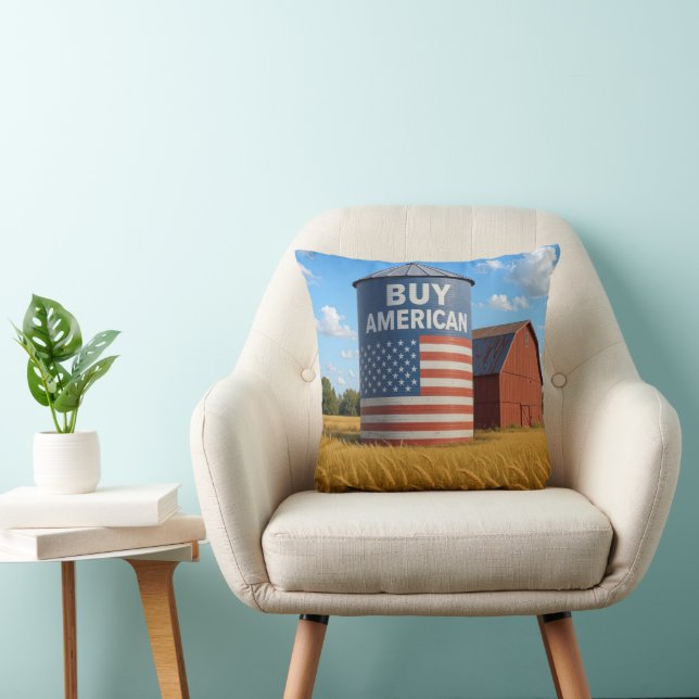 "Buy American" Sign On a Farm Silo Throw Pillow (Chair)