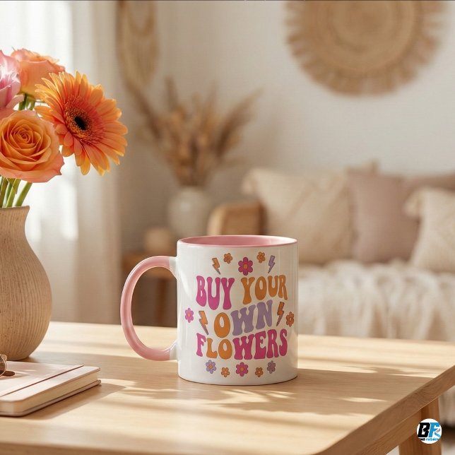 Buy Your Own Flowers Retro 70s Groovy Empowerment Mug (Anti Valetine Lovers)