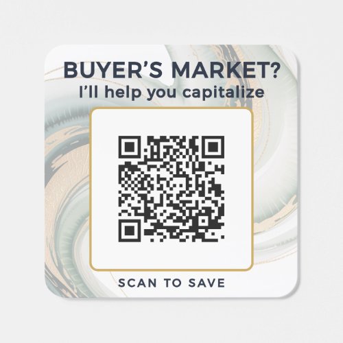 Buyer's market QR contact scan to save navy and gold square sticker