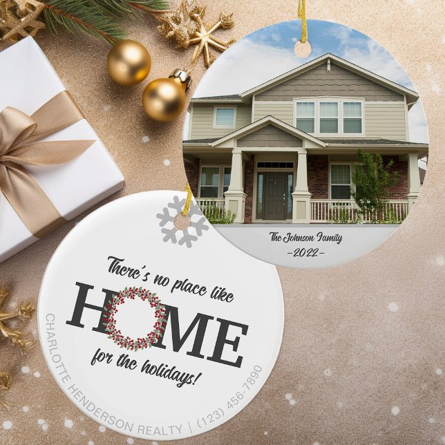 Buyer Seller New House Holiday Family Home Photo Ceramic Ornament (Christmas Photo ornament for new homeowner)