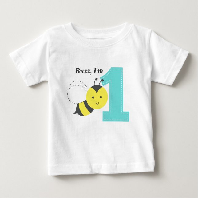 Buzz, I'm One, First Birthday, Cute Bee Baby T-Shirt (Front)