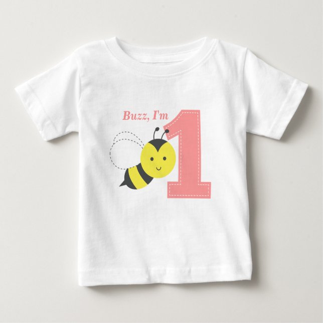 Buzz, I'm One, First Birthday, Cute Bee Baby T-Shirt (Front)