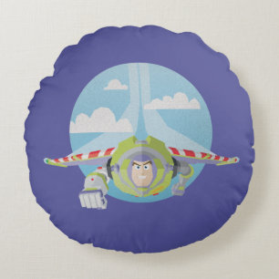 Buzz Lightyear Flying Despeckled Retro Graphic Round Pillow