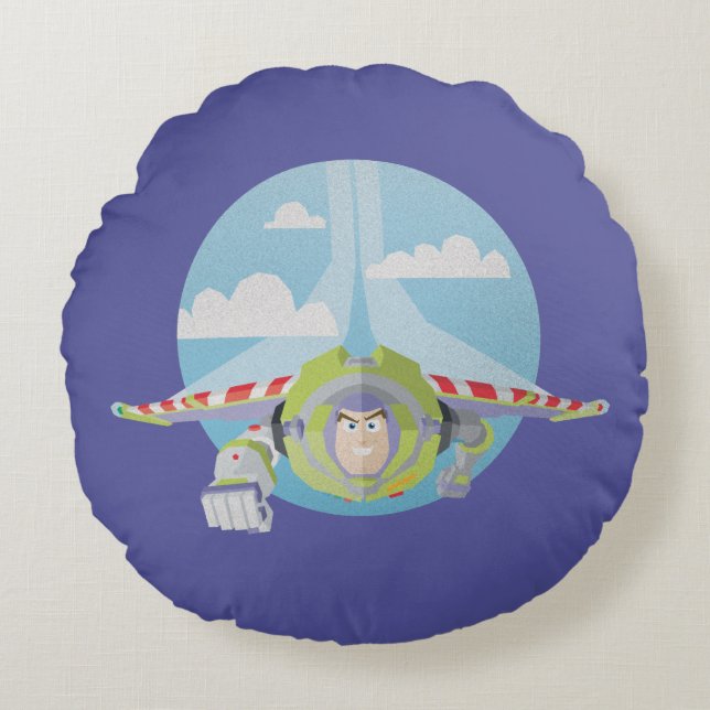 Buzz Lightyear Flying Despeckled Retro Graphic Round Pillow (Front)