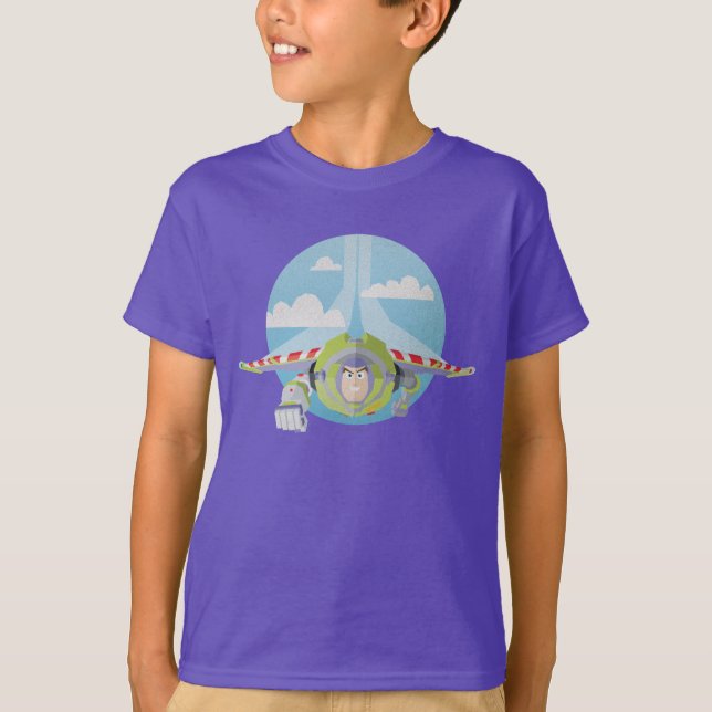 Buzz Lightyear Flying Despeckled Retro Graphic T-Shirt (Front)