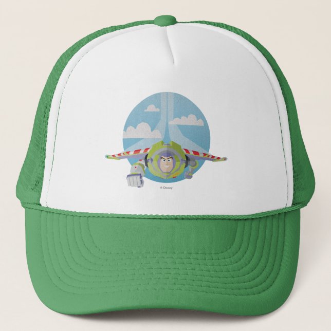 Buzz Lightyear Flying Despeckled Retro Graphic Trucker Hat (Front)