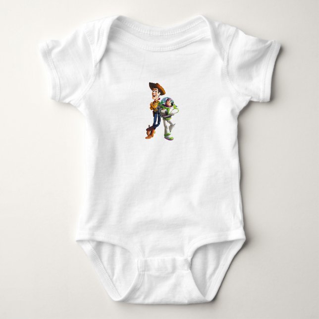Buzz Lightyear & Woody standing back to back Baby Bodysuit (Front)