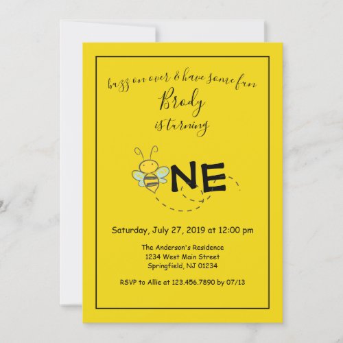 Buzz on over Bee first birthday party Invitation