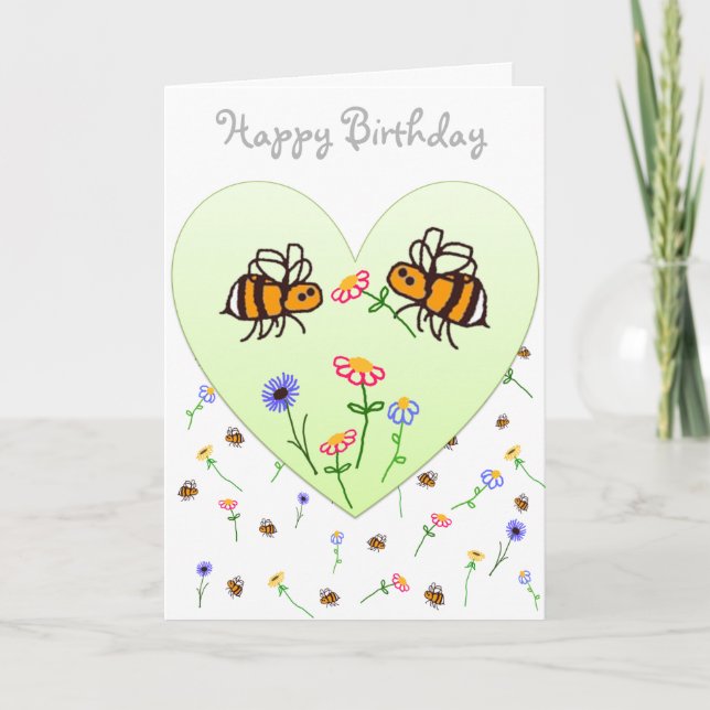 BuzzAboutBees Cute Little Bee Happy Birthday Heart Card (Front)