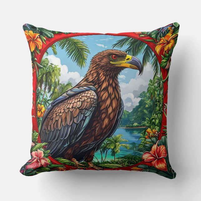 Buzzard Perched Amid Vibrant Tropical Landscape Throw Pillow (Front)