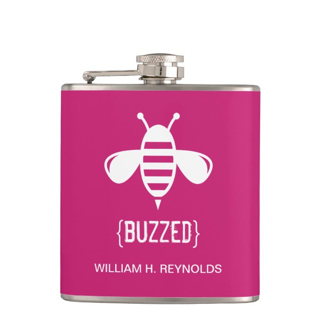 {BUZZED} Bridal Party Buzzed Bee Gift (fuchsia) Hip Flask (Front)