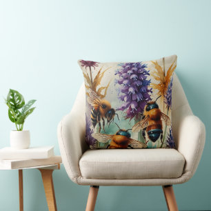 Buzzing Beauty Watercolor Bees & Blooms Throw Pillow
