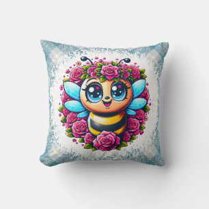 Buzzing Bee with Pink Roses Throw Pillow