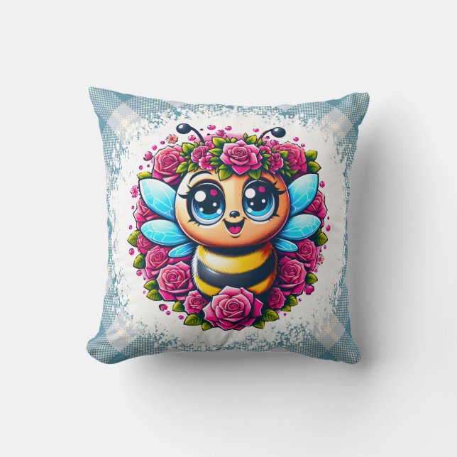 Buzzing Bee with Pink Roses Throw Pillow (Front)
