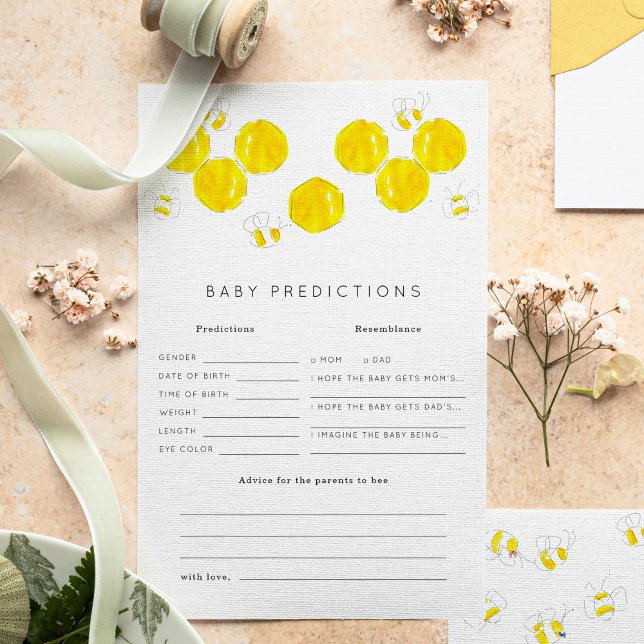 Buzzing Bees Baby Predictions Baby Shower Game  (Yellow watercolor bees and honeycomb Baby Shower baby predictions game sheets.)