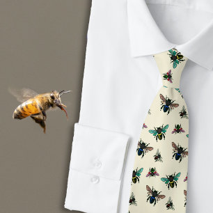 Buzzing Bees Pattern Ecru Neck Tie