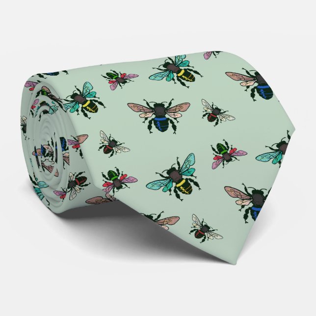 Buzzing Bees Pattern Pale Sage Neck Tie (Rolled)
