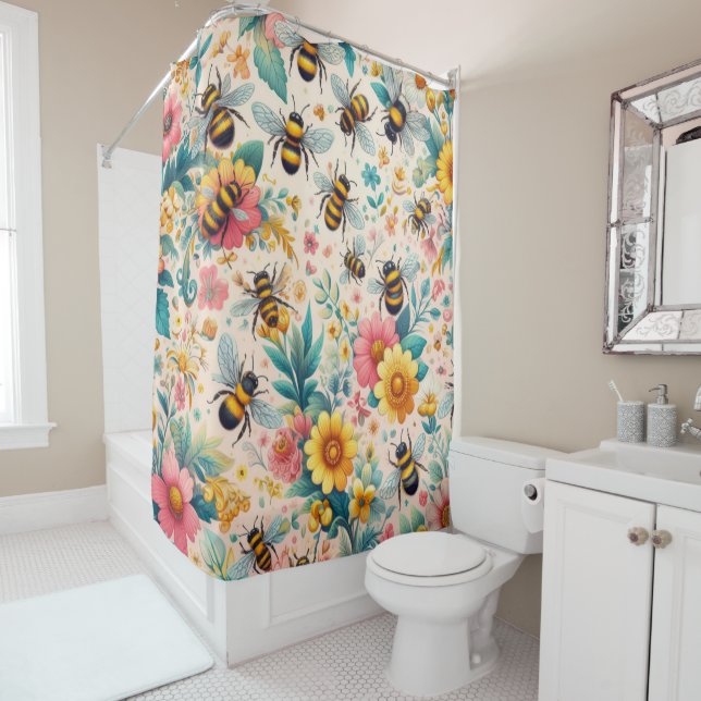 Buzzing Blooms Shower Curtain (In Situ)