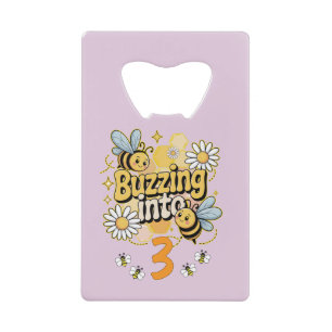 Buzzing Into Custom Name and Age Cute Bee Birthday Credit Card Bottle Opener