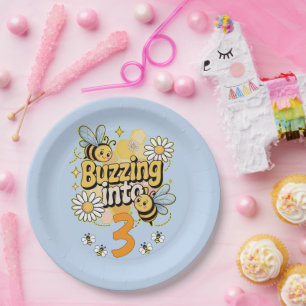 Buzzing Into Custom Name and Age Cute Bee Birthday Paper Plates