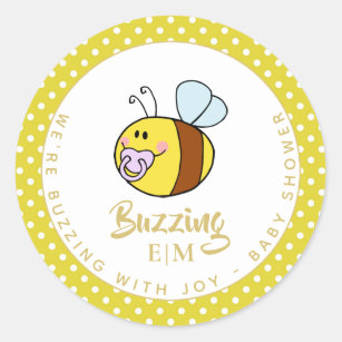 BUZZING With Joy BABY SHOWER Yellow Bee Monogram Classic Round Sticker