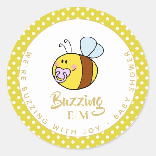 BUZZING With Joy BABY SHOWER Yellow Bee Monogram Classic Round Sticker