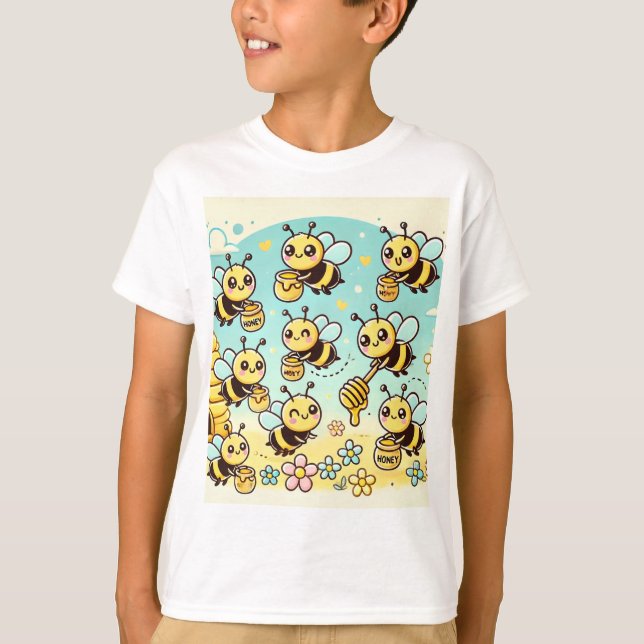 Buzzing with Sweetness: Cartoon Bees Collecting Ho T-Shirt (Front)