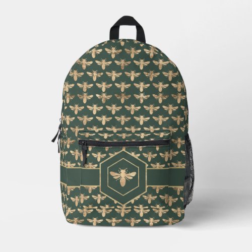Buzzz_ Elegant Gold HoneyBee Pattern on Dark Green Printed Backpack