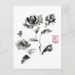 Buzzz, Sumi-e Rose with Bee Postcard