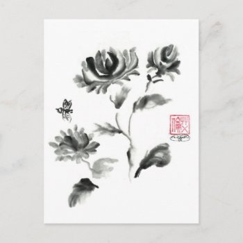 Buzzz  Sumi-e Rose With Bee Postcard by Zen_Ink at Zazzle