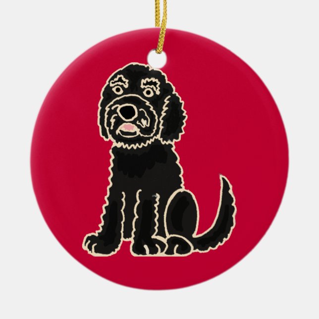 BW- Adorable Black Labradoodle Ornament (Front)