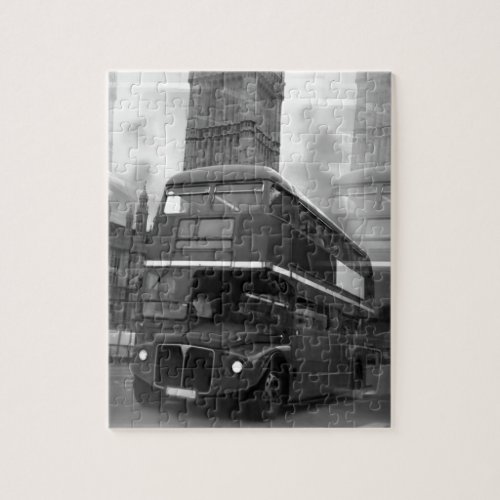 BW Black  White London Bus  Big Ben Jigsaw Puzzle