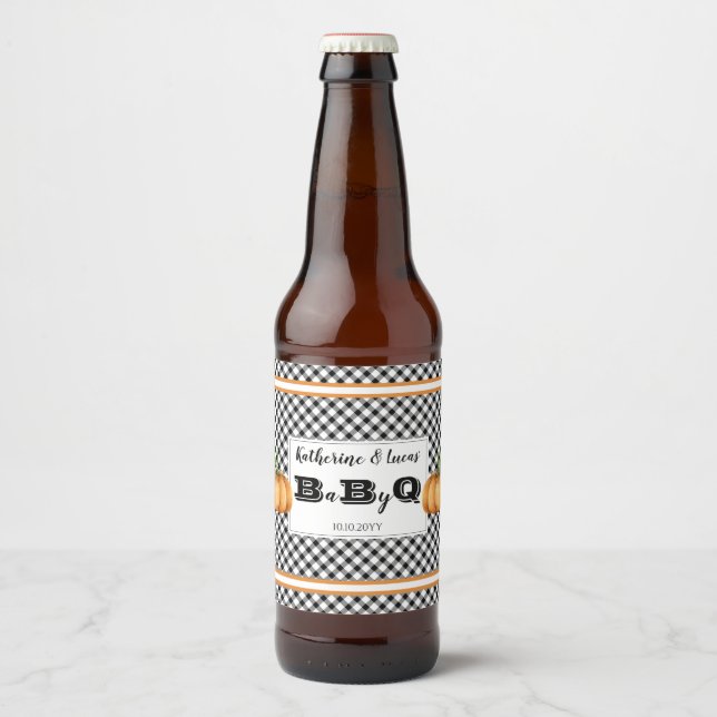 BW Checks Pumpkins Baby Q BBQ Shower  Beer Bottle Label (Front)