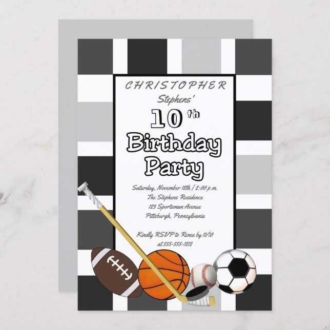 BW Color Block All Star Sports Birthday Party Invitation (Front/Back)